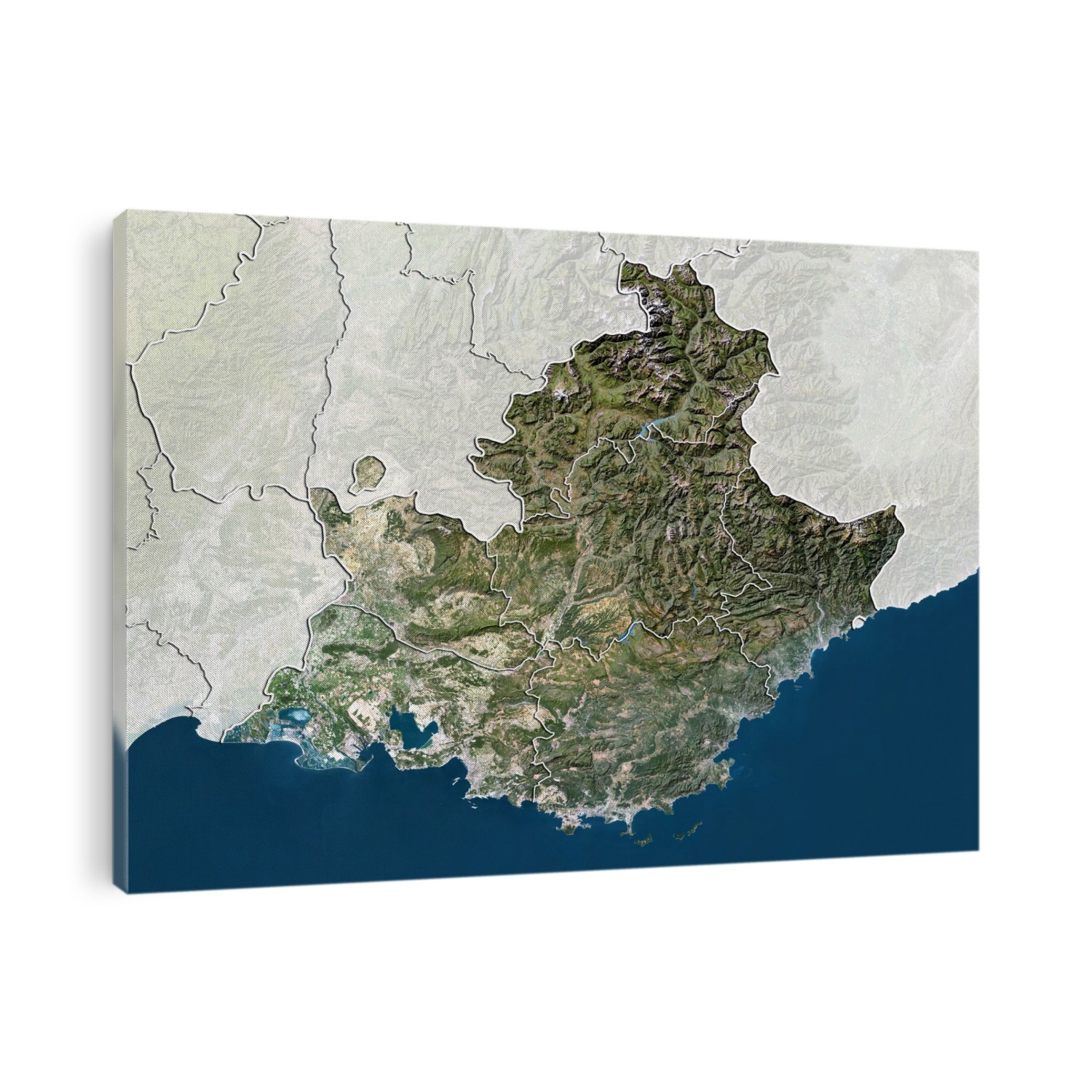 Provence-Alpes-Cote d'Azur, France. North is at top. Satellite image of a close-up on the departments that make up the Provence-Alpes-Cote d'Azur administrative region of France, with the surrounding areas shaded out. Provence-Alpes-Cote d'Azur is composed of six departments: Alpes-de-Haute-Provence (centre), Hautes-Alpes (upper centre), Alpes-Maritimes (centre right), Var (lower centre), Bouches-du-Rhone (lower left), Vaucluse (centre left). The Mediterranean Sea (blue) is also shown. Image compiled from data acquired by the LANDSAT 5 and 7 satellites, in 2012. Images highlighting all other regions of this country are available. For further information please contact SPL.