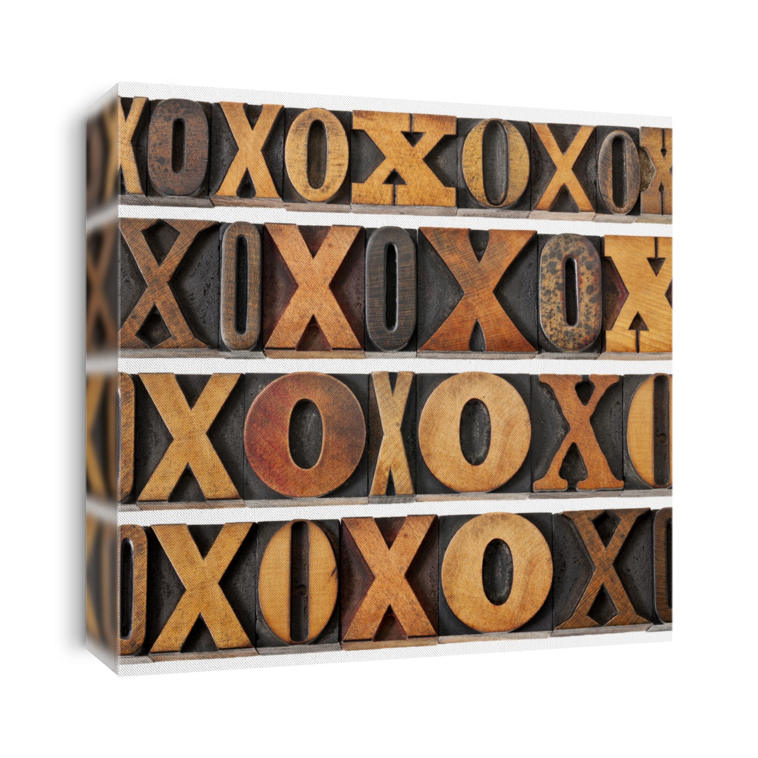 letters O and X in vintage letterpress wood type - four rows of different fonts - decoration or design elements