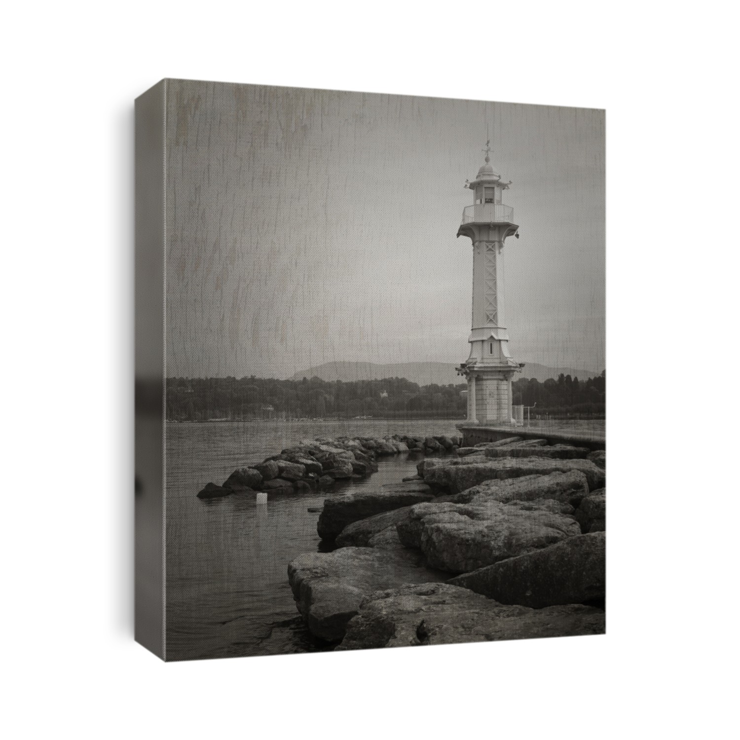 Les Paquis Lighthouse in Geneve, Switzerland in black and white with texture