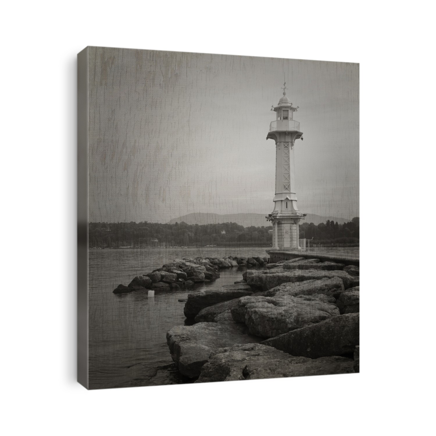 Les Paquis Lighthouse in Geneve, Switzerland in black and white with texture